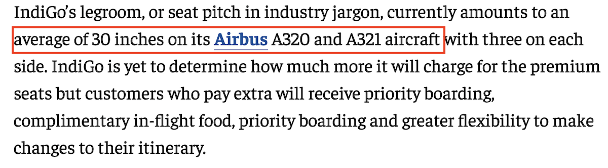 インディゴ航空のシートピッチ