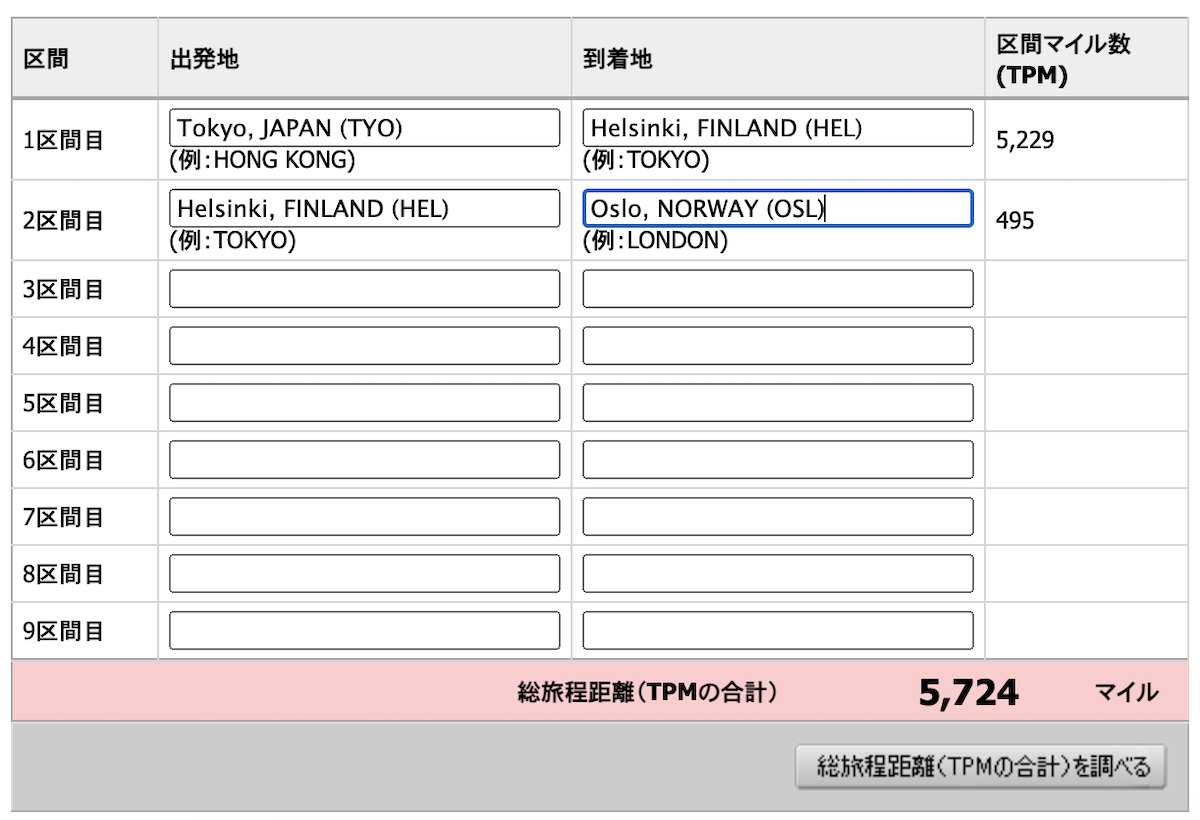東京→ヘルシンキ→オスロは6,000マイル以内