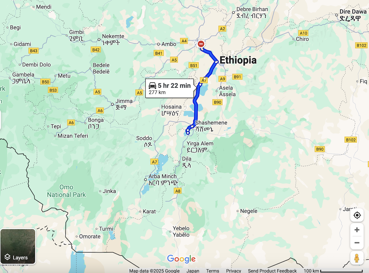 Ethiopia Hawassa Map アディスアベバからアワッサへ向かうルート