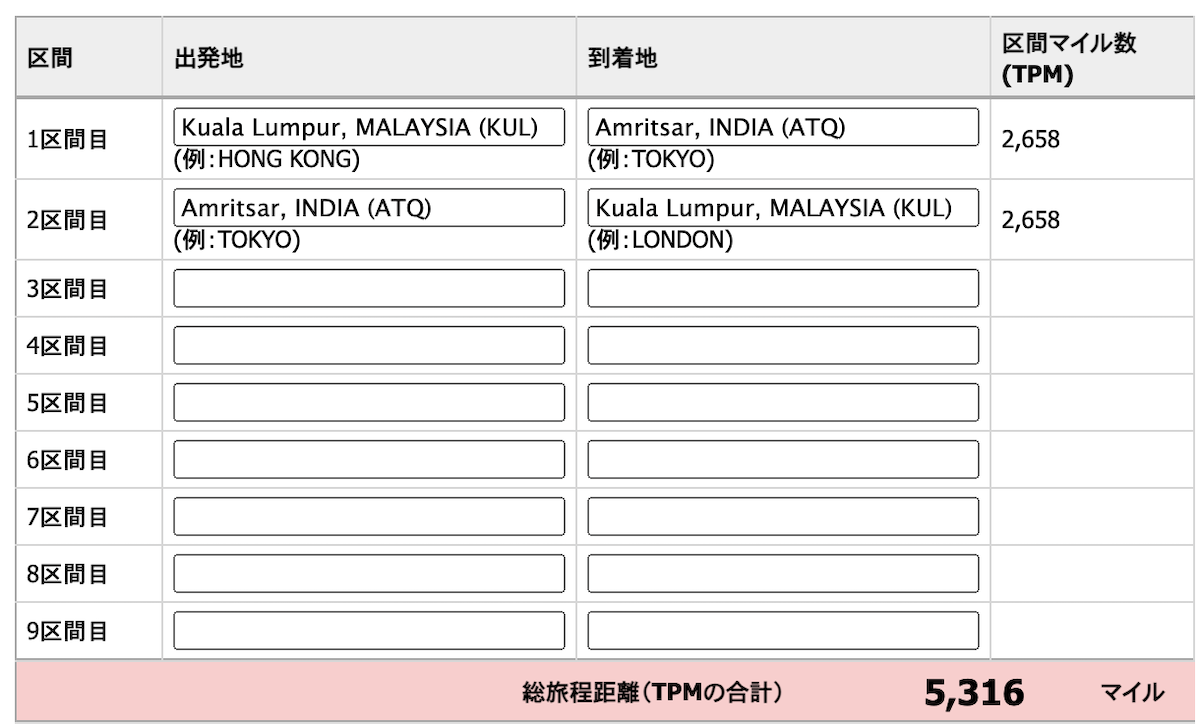 MH India J 11 アムリトサル便往復マイル