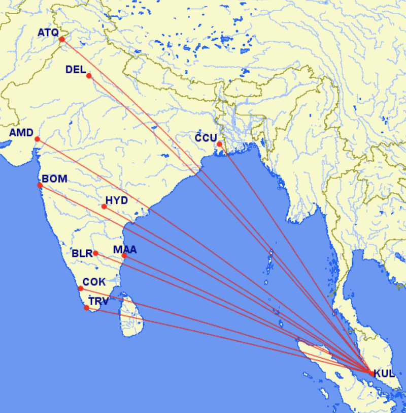 MH India J 1a マレーシア航空のインド各都市就航先(2025年9月時点)※