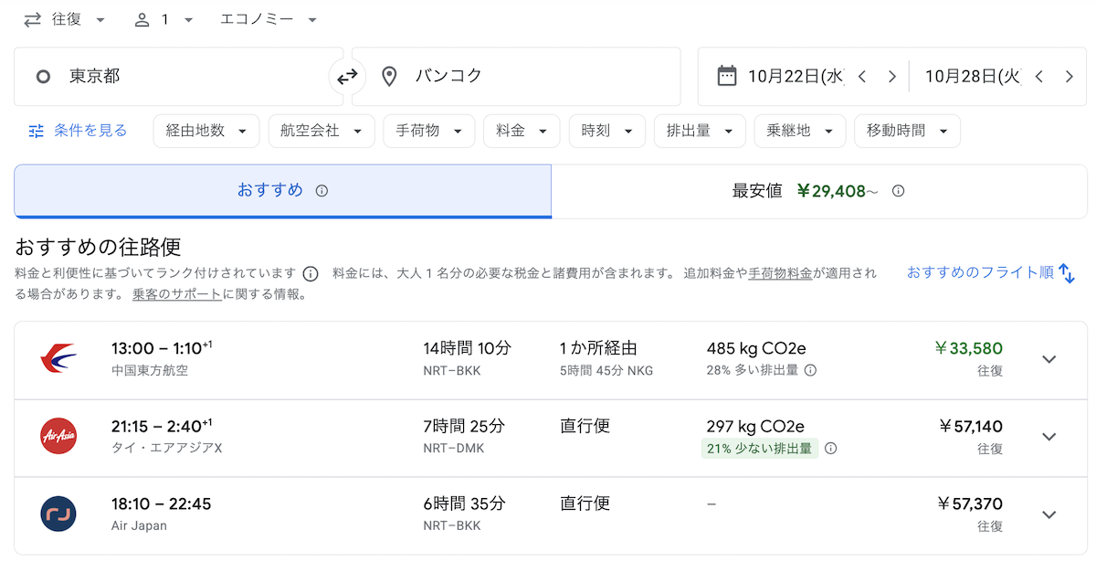 グーグルフライトの検索結果