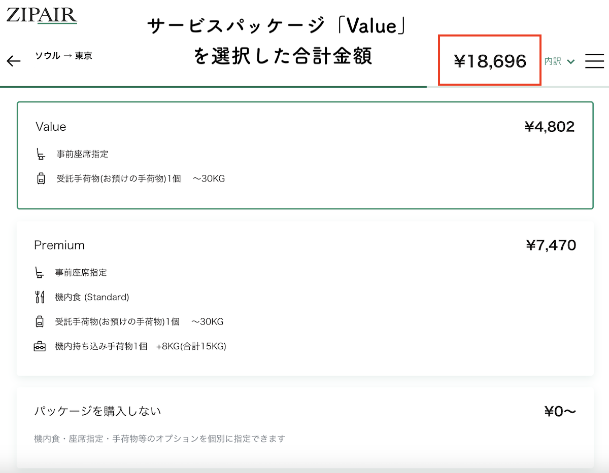 サービスパッケージを追加した総額